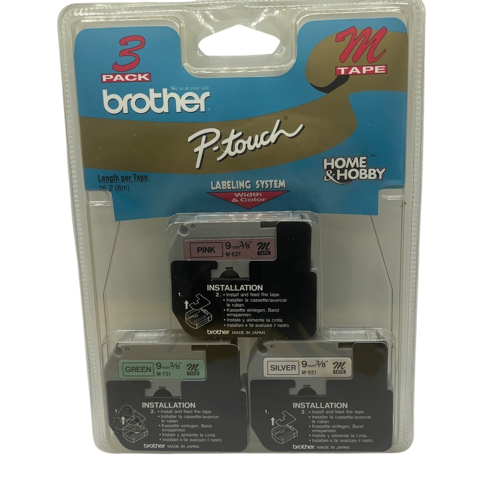 Brother P-Touch M Tape 3‎ pk 9mm 3/8 Pink Green Silver ME793 PT-100 PT-110 PT-85